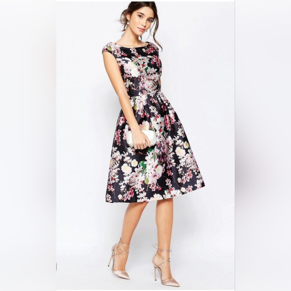 Chi Chi London Midi Dress Black With Multi Floral Print,Nwt Key Hole Back